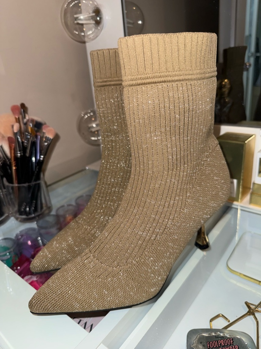 Knit Pointed-Toe Sock Booties in Beige